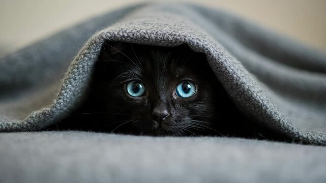 Black cat peeking with curiosity under a gray blanket  