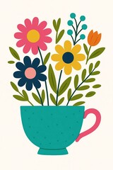 Bright flat-vector folk illustration: turquoise tea cup with pink handle, stylized floral bouquet sprouting from cup