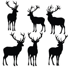 Deer silhouette vector collection on a white background. Beautiful male gazelle with big horns silhouette set design. Stag and reindeer standing, black and white silhouette vector bundle.