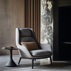 Modern Armchair with Side Table: A stylish modern armchair, upholstered in a sophisticated grey fabric, is paired with a sleek, dark grey side table in a contemporary interior setting.