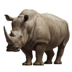 Obraz premium A majestic rhinoceros stands powerfully against a clean white backdrop, showcasing its distinctive horn and robust build in a striking wildlife portrait study.