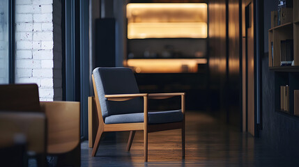 Serene Armchair in Modern Interior: A comfortable, dark grey armchair with wooden armrests sits invitingly in a dimly lit, modern interior space.