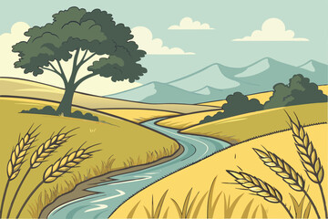97 Rural landscape, winding river, golden wheat fields, rolling hills, distant mountains, fluffy white clouds, blue sky, green trees, wheat stalks in foreground, vibrant colors, pastoral scene, serene