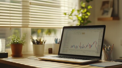 Fototapeta premium Desk with laptop displaying financial growth graph among office supplies and plants creating a productive workspace for remote work or freelance professionals.