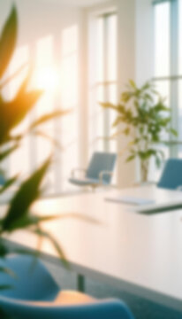 Vertical blurred office background with soft natural lighting and clean interior design. Empty workspace with desk and modern furniture. Perfect for corporate templates, business visuals, copy space
