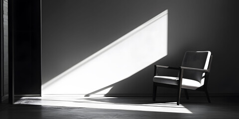 Shadow's Embrace: A striking study in shadows and light. A solitary chair, bathed in a diagonal beam, creating a poignant tableau of minimalist design. 
