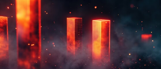Data visualization of glowing red bar charts in a foggy dark environment, showcasing financial growth, analytics, and performance metrics in business.