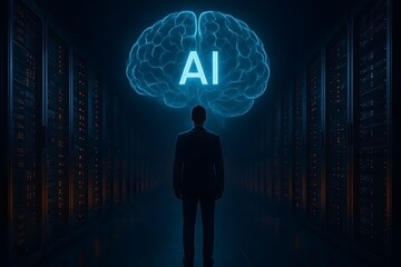 Futuristic ai concept representing artificial intelligence and data processing with man standing in server room beneath glowing brain