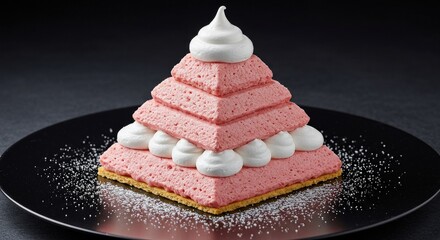 Pyramid dessert made of strawberry mousse and meringue on a mirrored plate, sugar dust around the edges.
