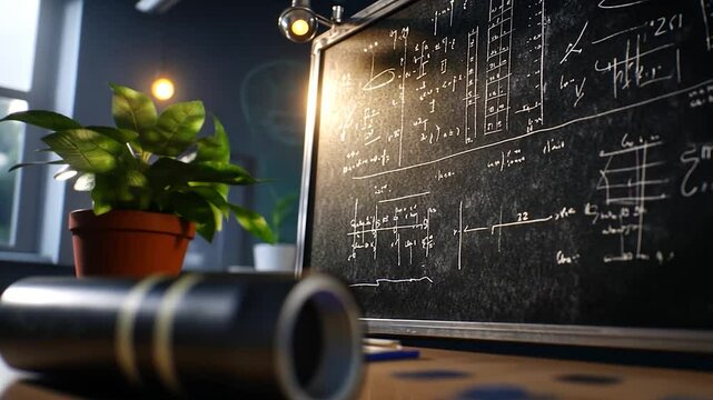 Close-up view of a dark, dimly lit room, featuring a chalkboard covered in complex equations, a small potted plant, and a cylindrical object resembling a lens. The scene evokes a studious