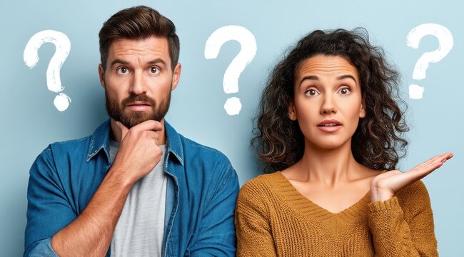 A confused man and woman standing next to each other, looking at the camera with question marks above their heads on a light blue background.