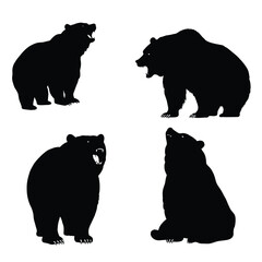 Bear silhouette vector collection on a white background. Beautiful big bear roaring on the wildlife silhouette set design. Carnivore bear standing and sitting, black and white silhouette vector bundle