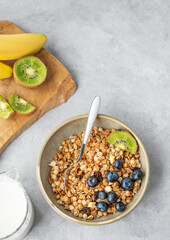 Homemade baked granola or muesli in a bowl with kiwi and blueberries on a light background
