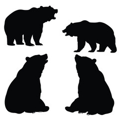 Bear silhouette vector collection on a white background. Beautiful big bear roaring on the wildlife silhouette set design. Carnivore bear standing and sitting, black and white silhouette vector bundle