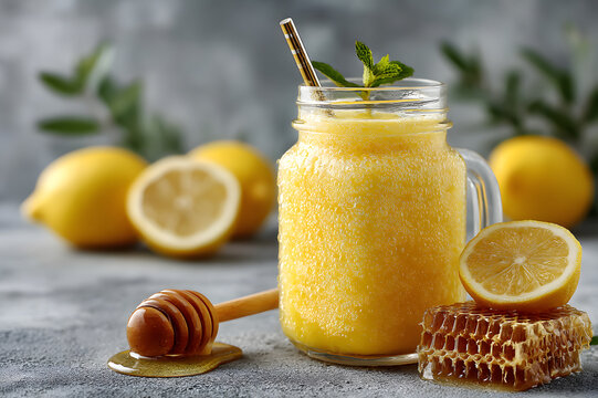 mason jar of frozen shake honey lemon smoothie drink, with lemon slice and honey comb