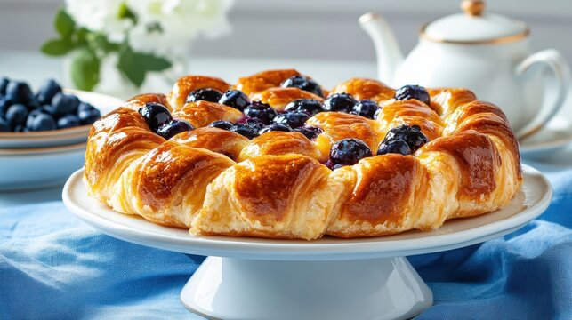 A beautifully arranged blueberry pastry on an elegant plate, showcasing the tempting texture and rich colors that offer a delightful treat for dessert lovers.