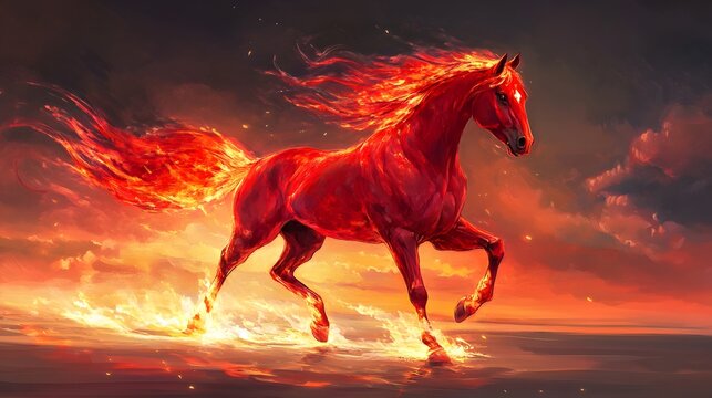 Fiery steed galloping across fiery seas.