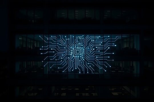Modern building facade illuminated with a glowing circuit board design representing technology and innovation in a corporate setting at night - Powered by Adobe