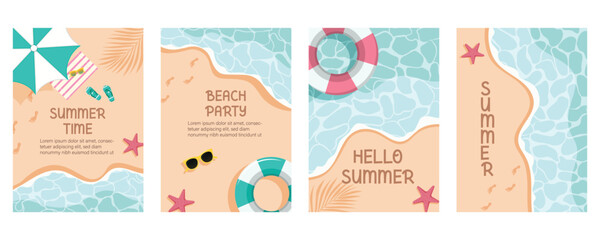 Obraz premium Hello summer beach clipart poster set. Summer greeting text in seaside beach background clip art for sunny day postcard template collection with tropical elements, vector illustration.
