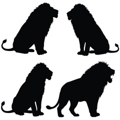 Lion roaring silhouette vector on a white background. Wild lion silhouette set vector. Male lion silhouette bundle design. Carnivore animals sitting in different positions silhouette collection.
