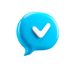3D Render of a Blue Speech Bubble with White Check Mark on Transparent Background