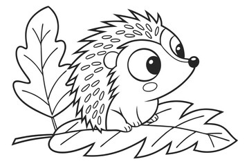 98 Cute cartoon hedgehog, black and white line drawing, simple illustration, spiky quills, large eyes, sitting on a leaf, childlike style, coloring book page, minimalist design, whimsical character, r