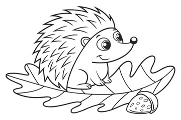 98 Cute cartoon hedgehog, black and white line drawing, simple illustration, spiky quills, large eyes, sitting on a leaf, childlike style, coloring book page, minimalist design, whimsical character, r