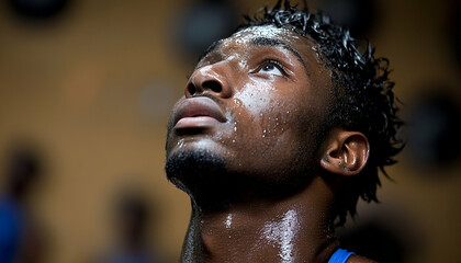Close Up Portrait of a Sweaty Man Looking Upward