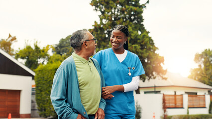 Senior, man and walking with nurse outdoor for morning exercise, retirement rehabilitation and...