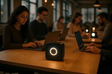 Modern workplace setting showcasing collaborative work and smart technology within a contemporary office environment with people using laptops