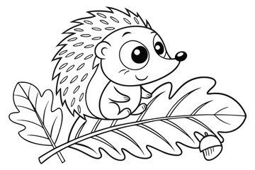 98 Cute cartoon hedgehog, black and white line drawing, simple illustration, spiky quills, large eyes, sitting on a leaf, childlike style, coloring book page, minimalist design, whimsical character, r