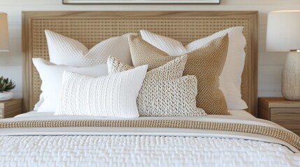 Cozy bedroom with layered pillows and bedding