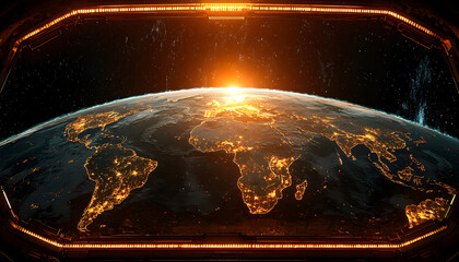 Obraz premium View of Earth from space with the sun rising on the horizon, seen through a spacecraft window.