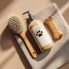 A dog shampoo bottle features a paw print design, accompanied by a grooming brush and a bone-shaped treat. These items rest on a soft towel in a well-lit, cozy setting