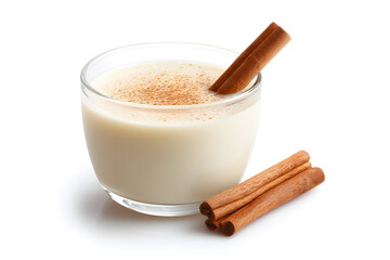 Eggnog with cinnamon stick isolated on white