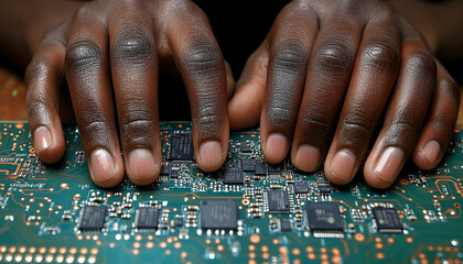 Fototapeta premium Closeup of Dark Brown Hands Carefully Working on a Green Circuit Board