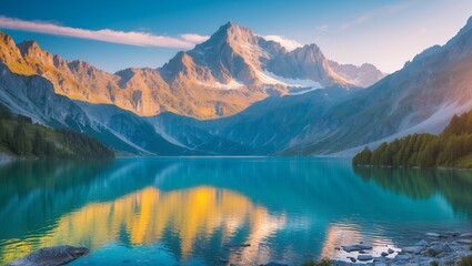 Morning sun reflects on the tranquil mountain lake, revealing a scenic alpine landscape of snow-capped peaks and forested shores under a cloudy sky