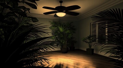 Dimly Lit Room, Lush Plants, Tropical Atmosphere