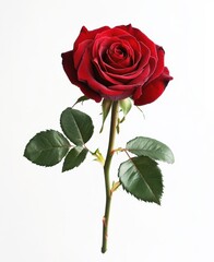 Fototapeta premium Elegant Red Rose with Lush Green Leaves Captured on a White Background for Romantic and Artistic Themes in Photography