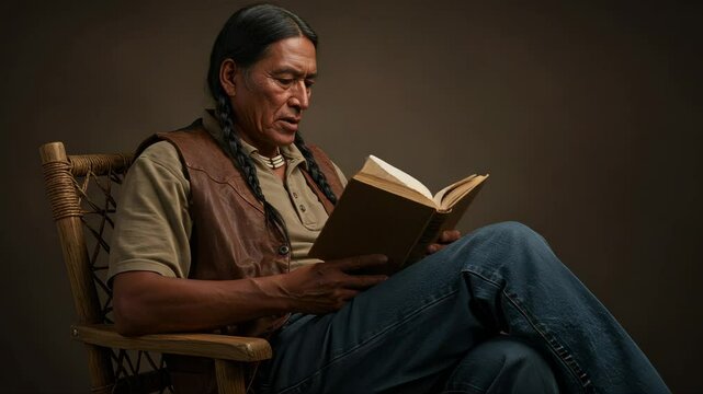 Elder man reading book in cozy indoor setting  