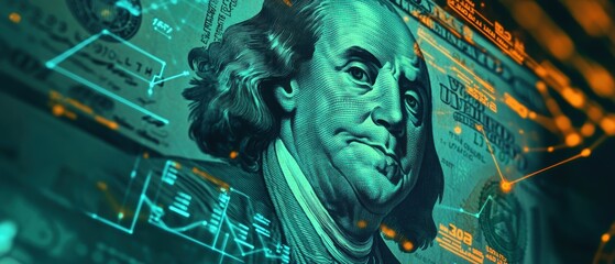 Close-up of US dollar banknote macro shot with digital financial data and charts, symbolizing cryptocurrency, investment growth, and economic trends.