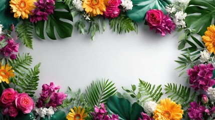 Fototapeta premium Colorful floral arrangement framed by tropical leaves.
