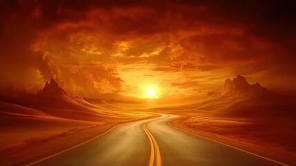 Sunset road through rolling hills landscape