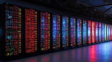 Interior view of a server rack array in a data center.