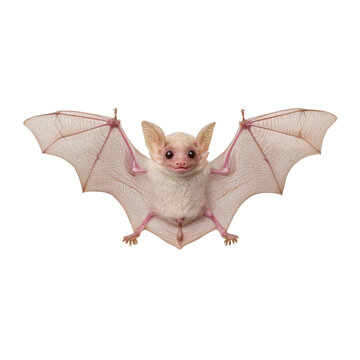 The Honduran white bat, a small, fluffy creature with a distinctive leaf-nose, showcases its delicate wings spread wide against a clean, bright, white backdrop.