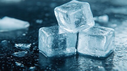 Obraz premium This close-up image focuses on three stacked ice cubes, revealing their intricate texture and the play of light on their surfaces against a contrasting dark background.