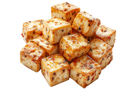 Close-up of spicy marinated tofu cubes with herbs and spices, isolated on white transparent background, concept of vegan cuisine