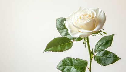 Fototapeta premium Elegant White Rose with Fresh Green Leaves on a Soft Neutral Background, Symbolizing Purity and Beauty in Floral Arrangements and Decorations
