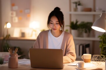 A quiet and focused Japanese woman working alone in a serene home office, comfortably managing spreadsheets and organizing documents on her laptop.
