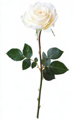 Obraz premium Elegant White Rose with Green Leaves on a Stem Isolated on a Bright Background Perfect for Celebrations, Weddings, and Romantic Occasions